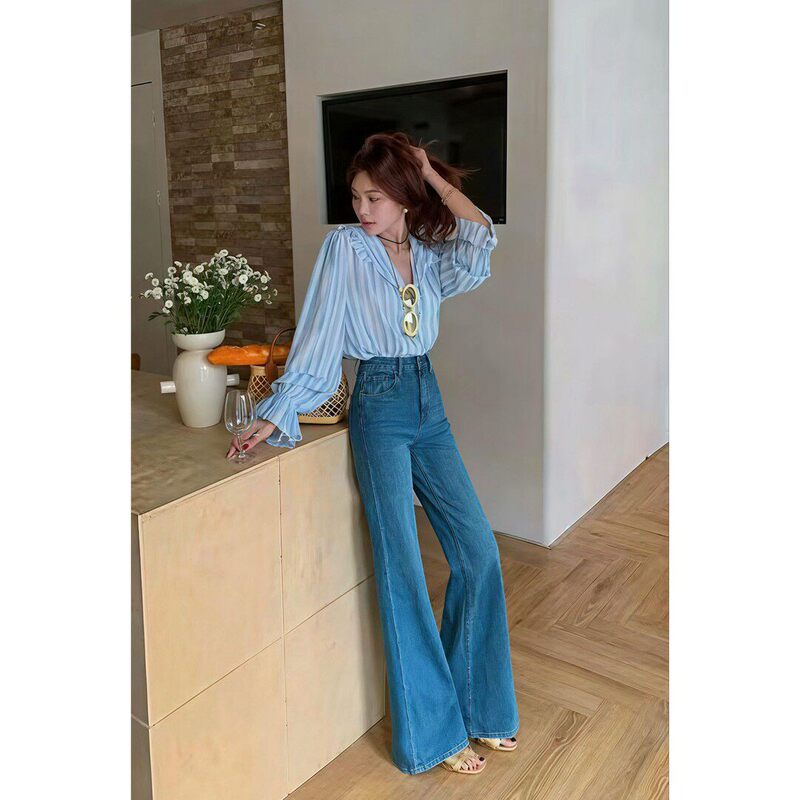 Nslv Women's Pants a Version Straight-Leg Flared Pants Made of Four-Way Stretch Modal Material, Light Luxury French Blue, New Spring Model 60