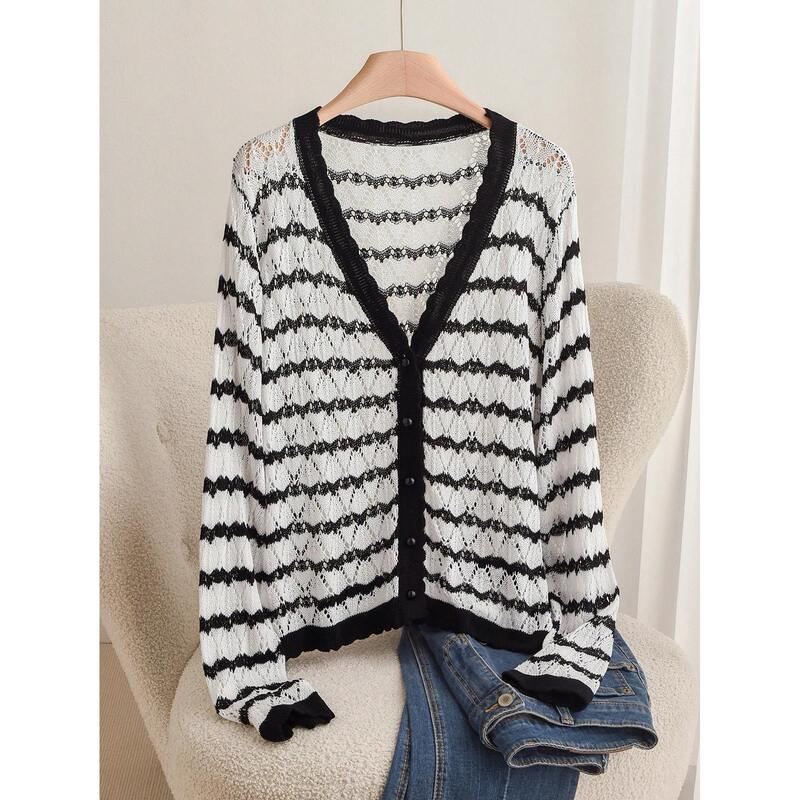 Shein Genuine Plus-Size Women's Black and White Striped Color-Block Knit Sweater Casual Long-Sleeve Thin Cardigan