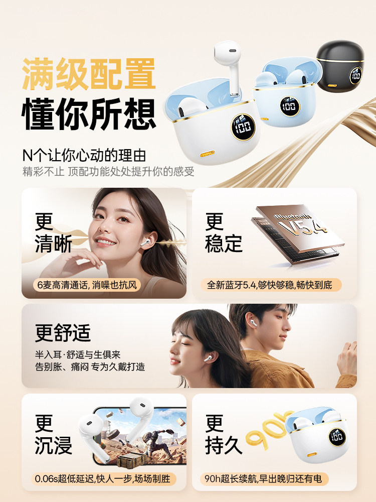 Wireless Bluetooth Headphones 2026 New Model Official Genuine In-Ear Sports Noise-Cancelling Ultra-Long Battery Life Large Battery for Men and Women