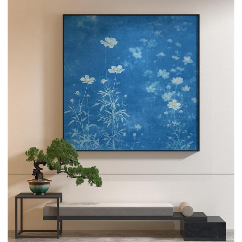 "Blue Flower" Modern Minimalist Blue Background White Flower Art Living Room Gentle Feeling Square Decorative Painting Bedroom Headboard Hanging Painting "Blue Flower" Modern Minimalist Blue Background White Flower Art Living Room Gentle Feeling Square Decorative Painting Bedroom Headboard Hanging Painting