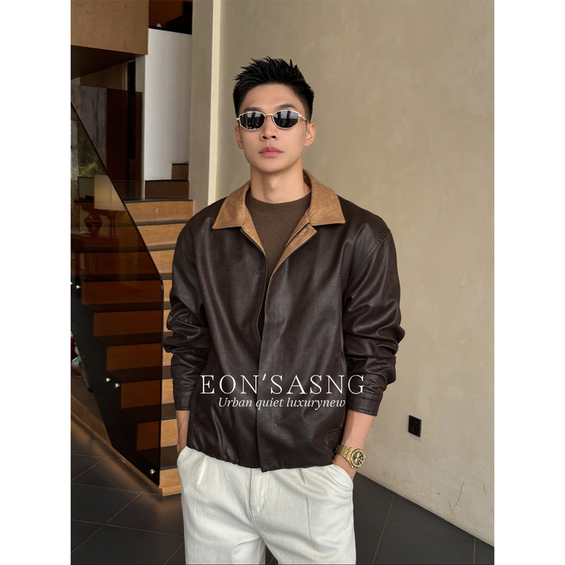 Eon's Asng "Matte Faux Leather Texture" 2026 Autumn Retro Style Contrasting Color Men's Harrington Jacket Eon's Asng "Matte Faux Leather Texture" 2026 Autumn Retro Style Contrasting Color Men's Harrington Jacket