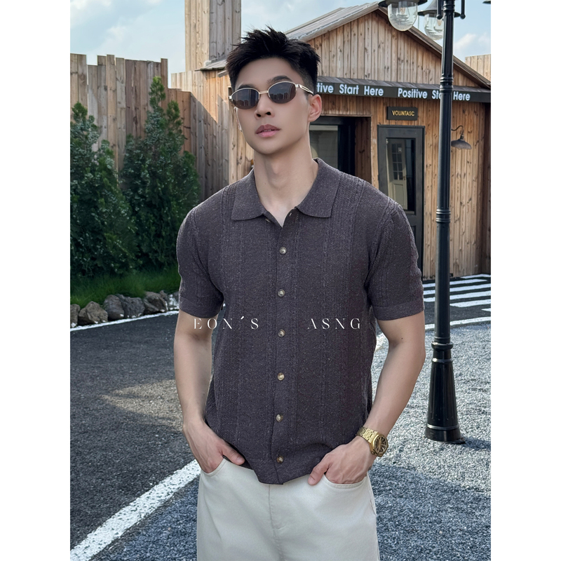 Eon's'Hollow Vertical Texture' Quiet Luxury Old Money Style Linen Tencel Men's Casual Knitted Short-Sleeve Cardigan Eon's'Hollow Vertical Texture' Quiet Luxury Old Money Style Linen Tencel Men's Casual Knitted Short-Sleeve Cardigan