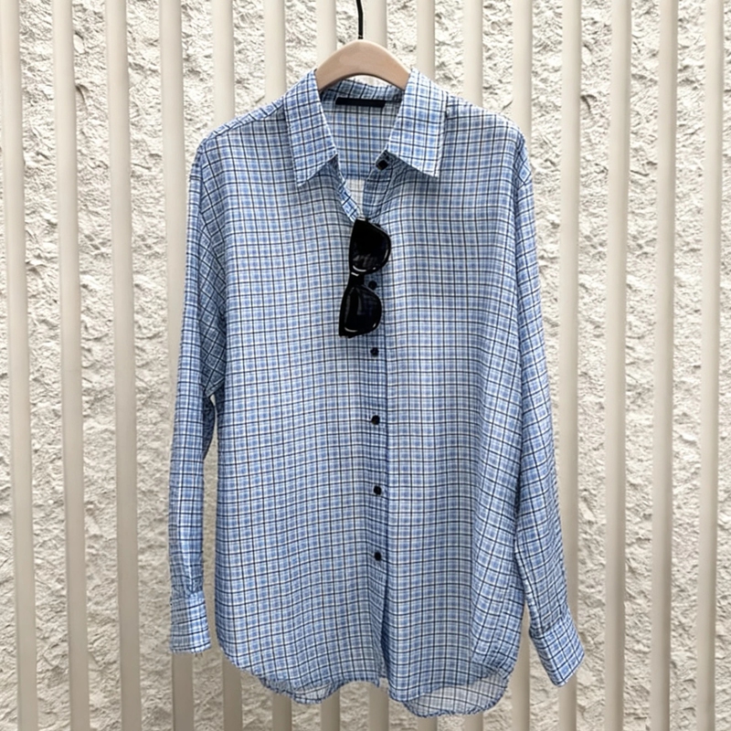 [Same Style as Zhang Manyu] 2026 Summer New Plaid Long-Sleeve Lapel Versatile Shirt for Women Mbf2Sht026