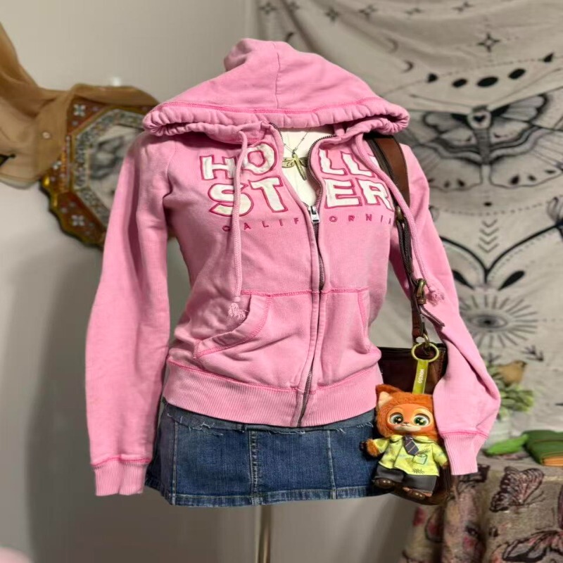 Hollister Style Sweet Girl Pink Hooded Sweatshirt for Women, Youthful Slim-Fit Waist-Cinching Zip-Up Hoodie Casual Jacket
