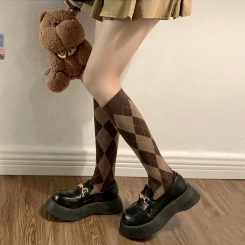 Women's Autumn and Winter Socks, Japanese Style Argyle Calf Socks, Plaid Long Socks, Retro Slouch Socks, Thickened Warm British Jk Socks