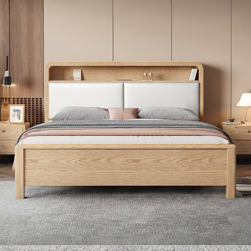 Guangdong Foshan Nordic White Ash Solid Wood Bed 1.8m Large Bed with Soft Backrest Master Bedroom Double High Box Storage Bed