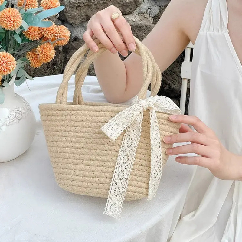 Ribbon Straw Woven Bag, Hand-Woven Holiday Picnic Photo-Taking Beach Bag, Hand-Held Woven Bag for Home Daily Use