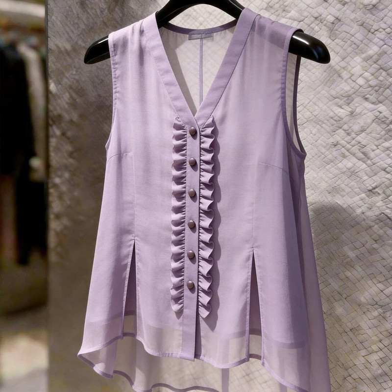 New Arrivals for Summer: Elegant and Simple Style Purple V-Neck Ruffled Sleeveless Shirt for Women, Suitable for Work