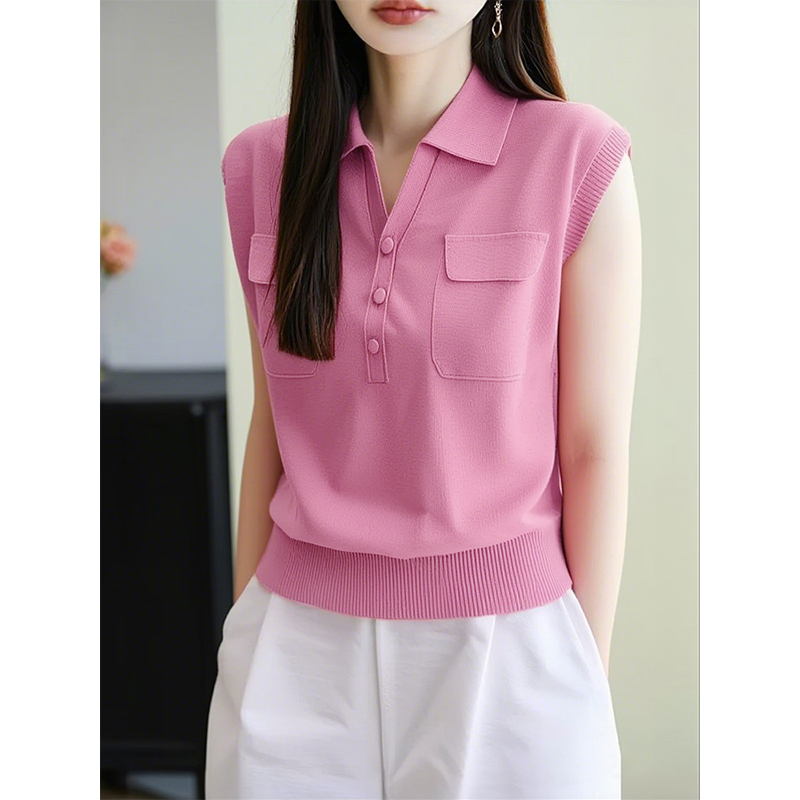 Pink Knitted Lapel Sleeveless Vest Top for Women, 2025 Summer New Style, Niche, High-End, Versatile, Slimming and Age-Reducing