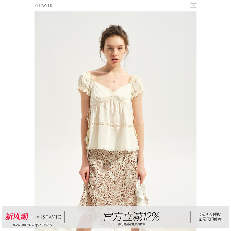 Vistavie Original French V-Neck Lace Heavy-Duty Lace-Up Cotton Short-Sleeve Top Tilde Puff Top