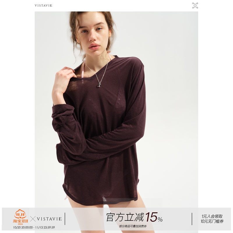 Vistavie Lyocell Linen Lightweight Breathable Loose Blouse Long-Sleeved T-Shirt Sylvie
