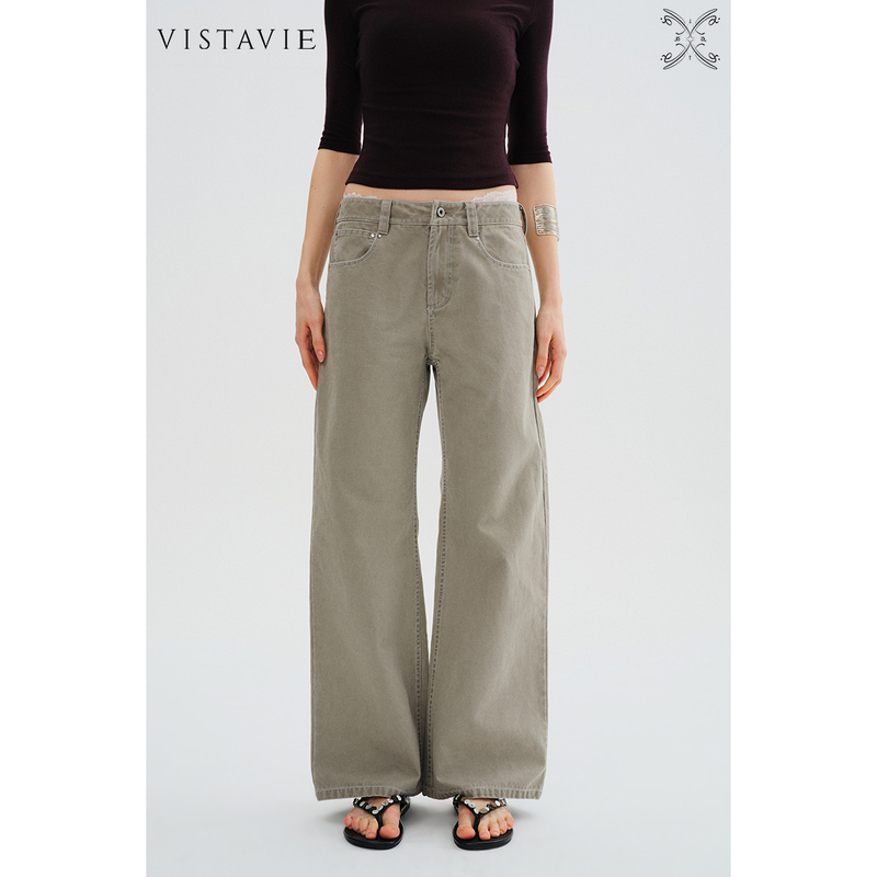 Vistavie Mid-Low Waist Contrast Stitching Washed Loose Fit Jeans Cedar Jeans
