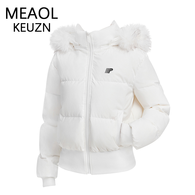 Meaol Keuzn Short Hooded down Jacket with Large Fur Collar, White, Waist-Cinching, Slimming, Thickened, Versatile, Warm Coat