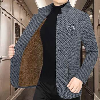 C6081 Autumn and Winter Fleece High-Quality Woolen Thickened Jacket for Middle-Aged Men, New Style with Stand Collar, Versatile and Casual