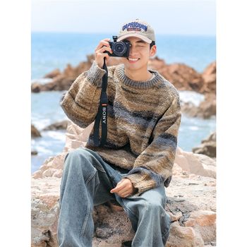 American fashion brand b retro oil painting feel gradient striped round neck pullover sweater men's autumn and winter style loose warm knitted