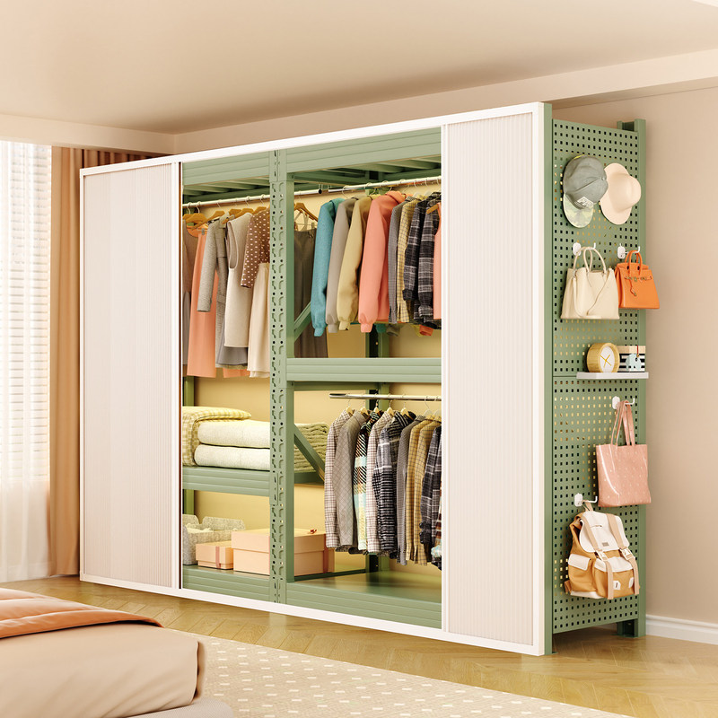 Home Bedroom Dust-Proof Shelf Wardrobe Simple Clothes Rack Multi-Layer Storage Cabinet Pegboard Sliding Door Storage Wardrobe Cabinet