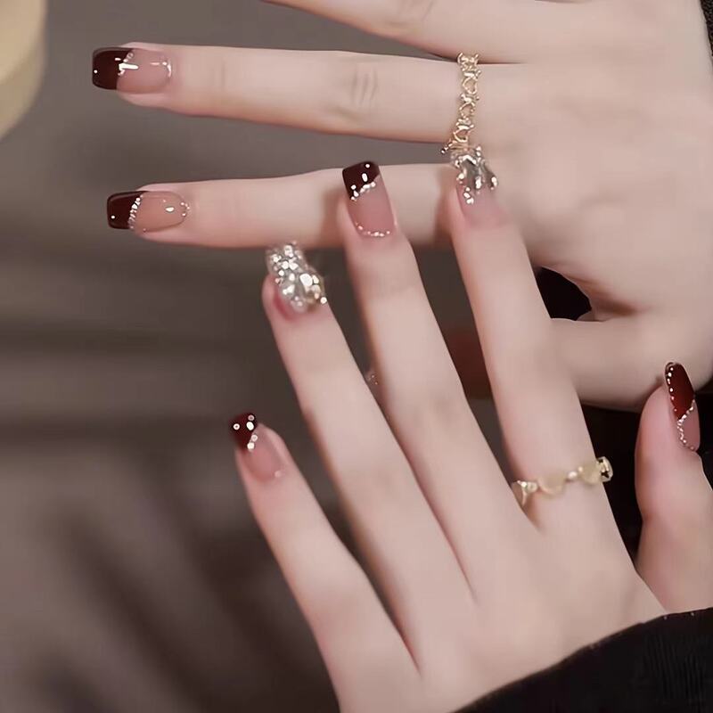 Purely Handmade Wearable Nails, Gentle and Complexion-Enhancing, Caramel Wine Red, French Style, Sweet and Cool Temperament, Sparkling Diamond Nail Patches, Finished Product Purely Handmade Wearable Nails, Gentle and Complexion-Enhancing, Caramel Wine Red, French Style, Sweet and Cool Temperament, Sparkling Diamond Nail Patches, Finished Product