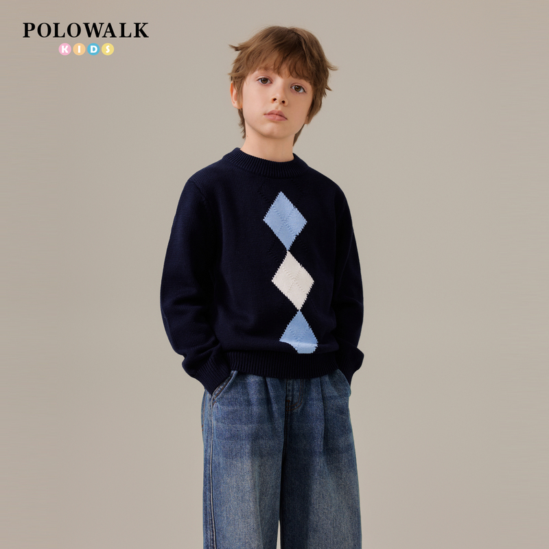 Polowalk Kidsren's Clothing Boys' Knitwear 2026 Early Autumn New Round Neck Knitwear Contrasting Color Diamond Jacquard Knitwear
