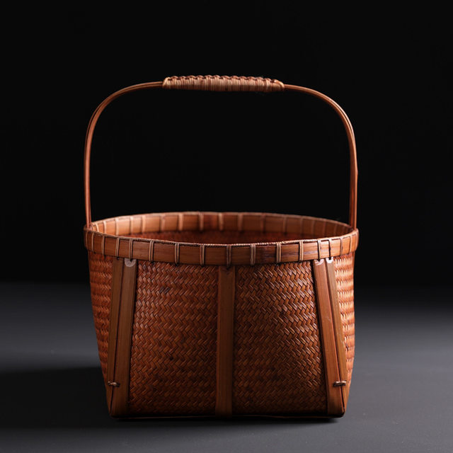 Vintage Bamboo Woven Storage Basket, Picnic Basket, Tea Set Storage Basket, Bamboo Basket, Chinese-Style Distressed Basket, Hand-Woven Basket