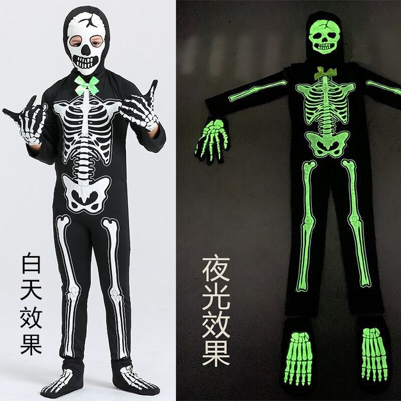 Halloween Children's Costumes, Luminous Skeleton Ghost Costumes for Small and Medium-Sized Children, One-Piece Stage Performance Party Costumes