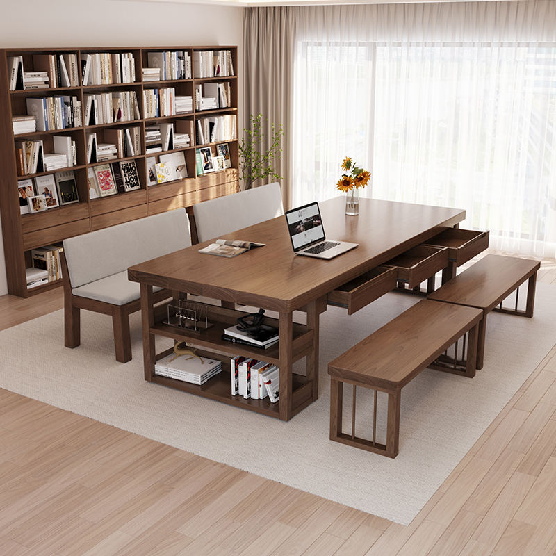 Solid Wood Large Desk and Bookcase Integrated with Drawers, Living Room Reading and Study Table, Home Office Desk, Simple Workbench Solid Wood Large Desk and Bookcase Integrated with Drawers, Living Room Reading and Study Table, Home Office Desk, Simple Workbench