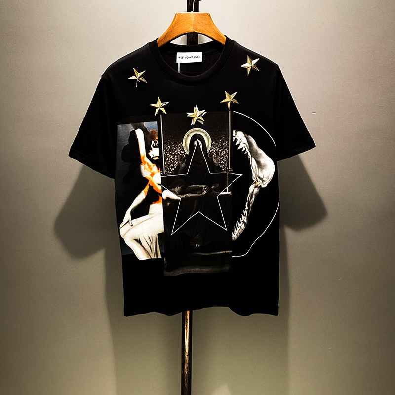 Fujifanxi Men's Clothing Collaboration with Metal Star Design for Couples, Three-Piece Shark Design, Unisex Pure Cotton Loose T-Shirt Fujifanxi Men's Clothing Collaboration with Metal Star Design for Couples, Three-Piece Shark Design, Unisex Pure Cotton Loose T-Shirt