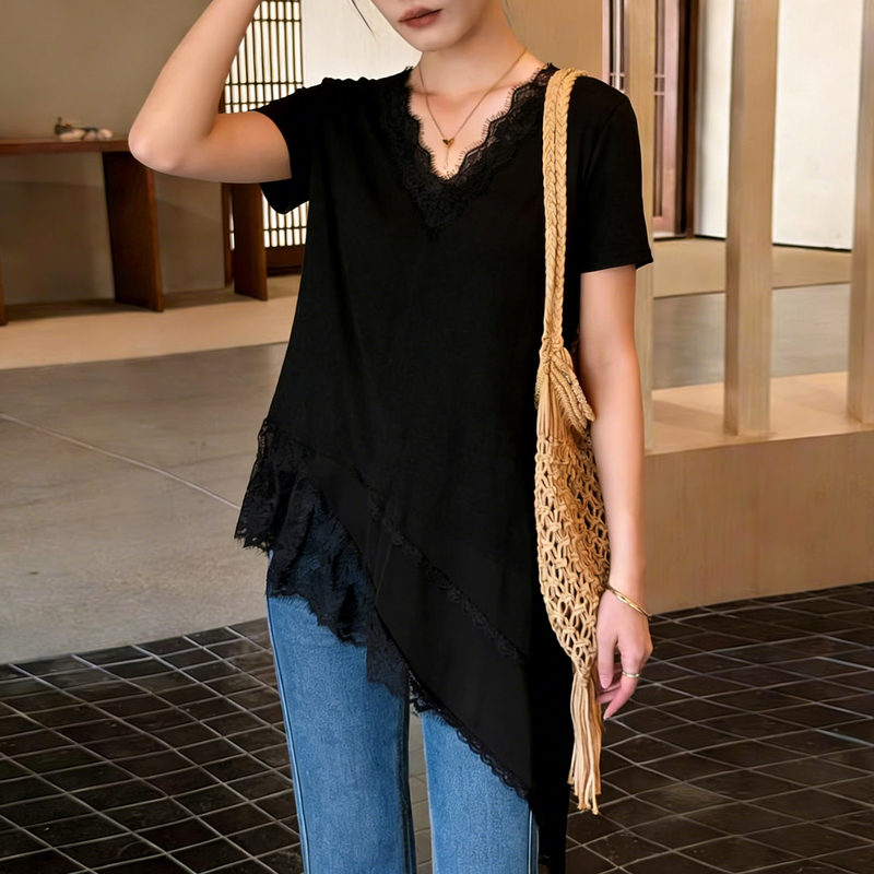 High-End Black Lace V-Neck Short-Sleeved T-Shirt for Women, Summer Inner Wear, Irregular Top, 2026 New Style