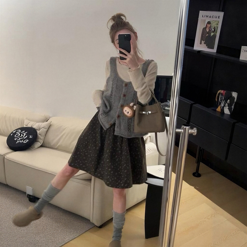 Autumn Korean Style Lazy Chic Unique Hollow Knit Vest Long-Sleeve Top Floral Midi Skirt Set for Women Autumn Korean Style Lazy Chic Unique Hollow Knit Vest Long-Sleeve Top Floral Midi Skirt Set for Women