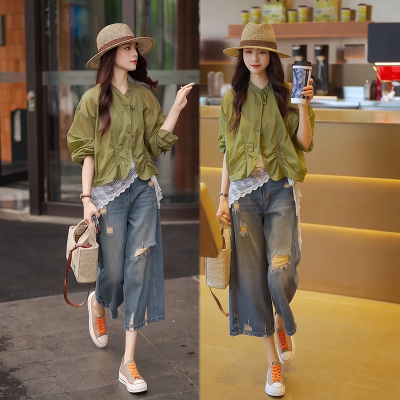 2026 Summer New Korean Style Lightweight Short Sunscreen Jacket Ripped Denim Wide-Leg Pants Trendy Age-Reducing Outfit for Women 2026 Summer New Korean Style Lightweight Short Sunscreen Jacket Ripped Denim Wide-Leg Pants Trendy Age-Reducing Outfit for Women