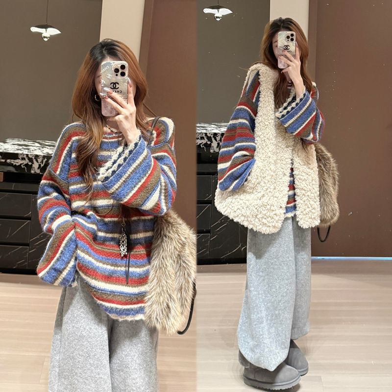 Very Stylish Early Autumn Korean Chic Unique Colorful Striped Sweater, Fur Vest, and Wide-Leg Pants Set