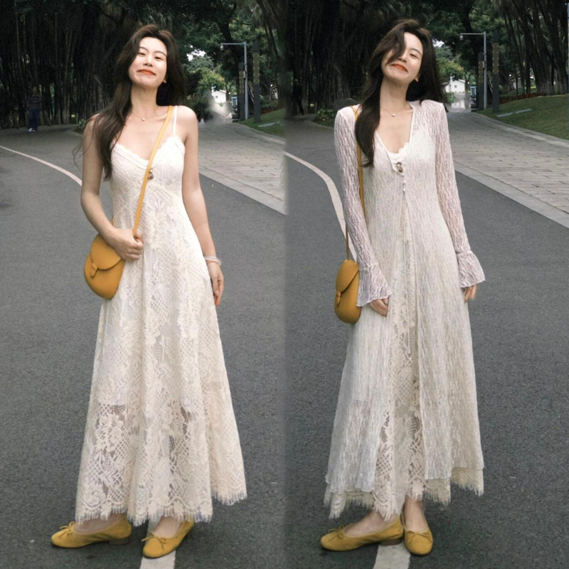 2026 Spring Gentle Style Suit for Women: Sun-Protective Long Cover-Up, Lace Camisole Dress, Unique and Beautiful Waist-Cinching Skirt