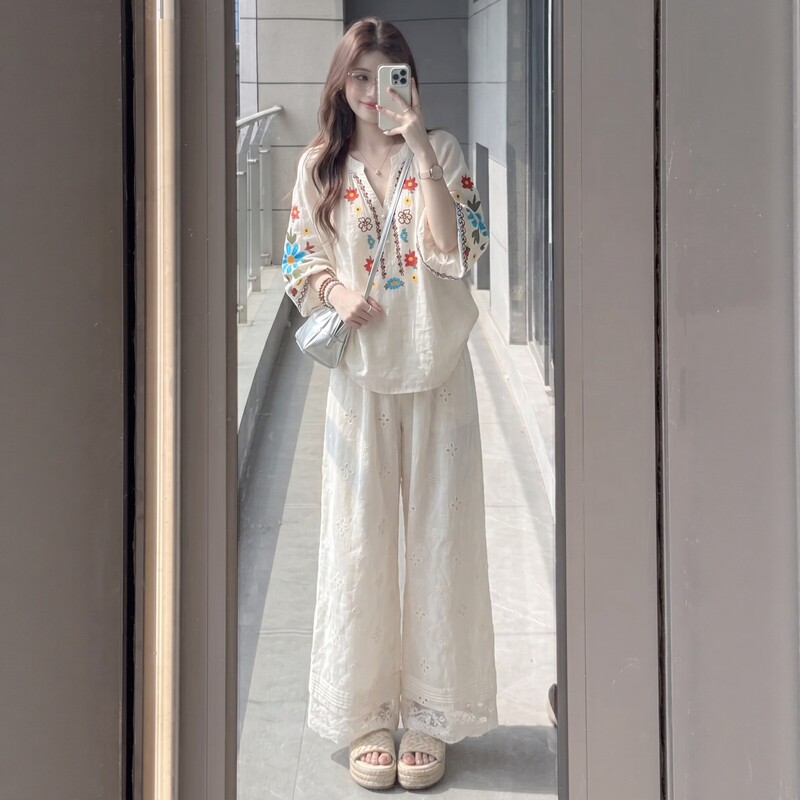 Summer Travel Vacation Style Bohemian Embroidered Shirt Sun Protection Top Embroidered Wide-Leg Pants Atmospheric Suit for Women