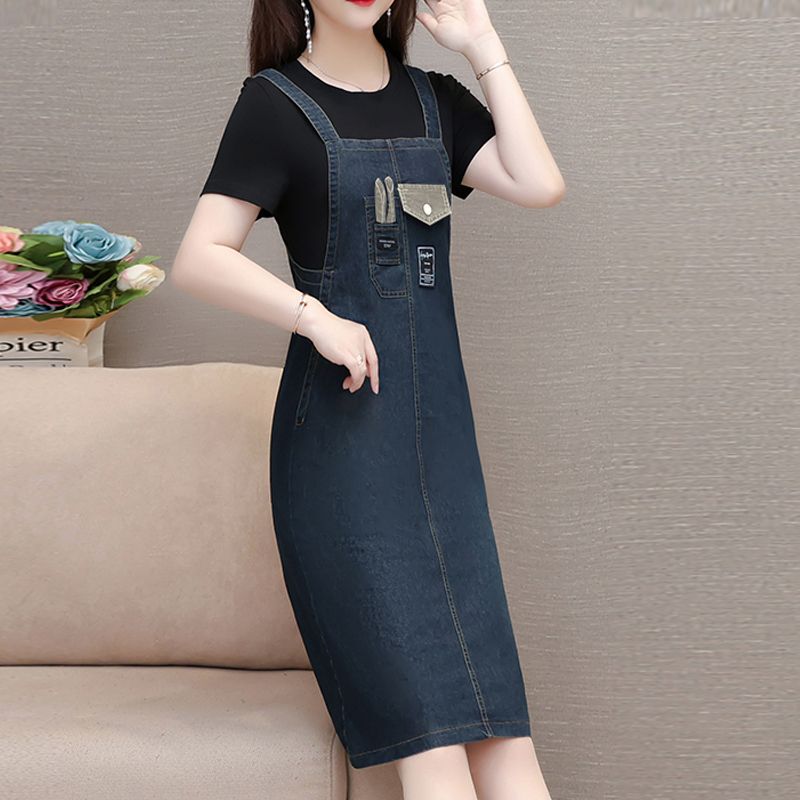 Casual and Relaxed Plus-Size Faux Two-Piece Denim Dress, Loose Fit, Slimming, Covers the Body, Casual and Comfortable Dress, 2026 New