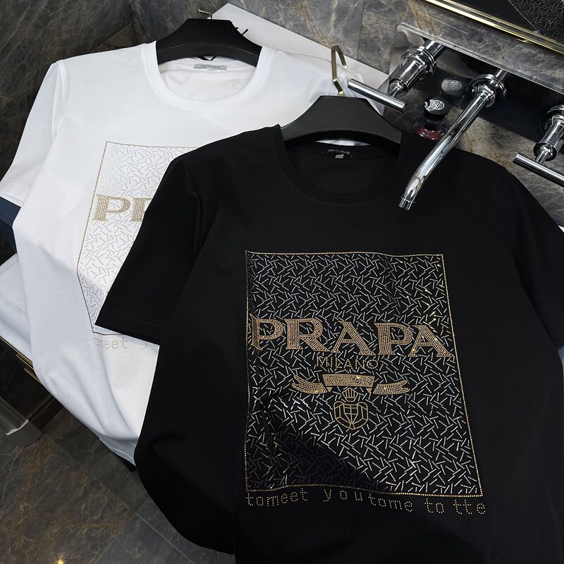 Dainwang Prada Collaboration Rhinestone Men's Summer Ice Silk Cotton Short-Sleeve T-Shirt Round Neck Base Shirt
