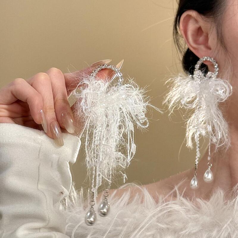 Silver Needle Zircon Snow Yarn Bowknot Water Drop Pearl Earrings, Super Fairy-Like Sweet Temperament Earrings, Light Luxury High-End Earrings