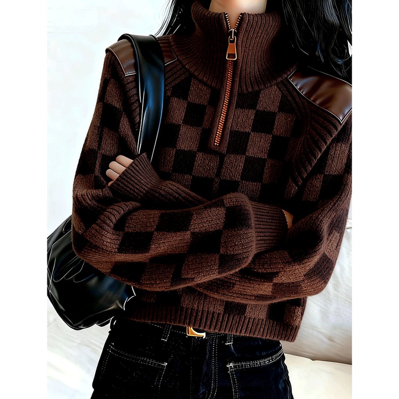 Casual Lazy Style Checkerboard Sweater for Women, Winter Half-Zip Knit Top, Turtleneck Inner Layer, Short Top Casual Lazy Style Checkerboard Sweater for Women, Winter Half-Zip Knit Top, Turtleneck Inner Layer, Short Top