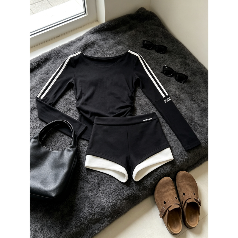 Autumn High-End Outfit: a Complete Set of Black Long-Sleeved T-Shirt and Black Shorts for Petite Women, Unique and Beautiful Set