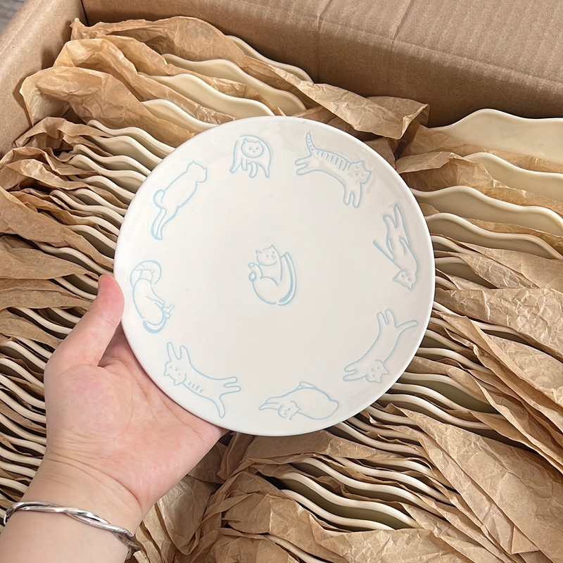 Petitbonheur Cute Three-Dimensional Embossed Blue Cat Ceramic Dessert Plate Breakfast Plate Underglaze Color Tableware