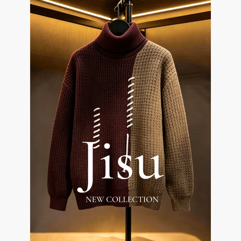 New Large-Size Men's Loose Trendy Burgundy Khaki Color-Blocked High-Neck Long-Sleeve Sweater for Fall 2026
