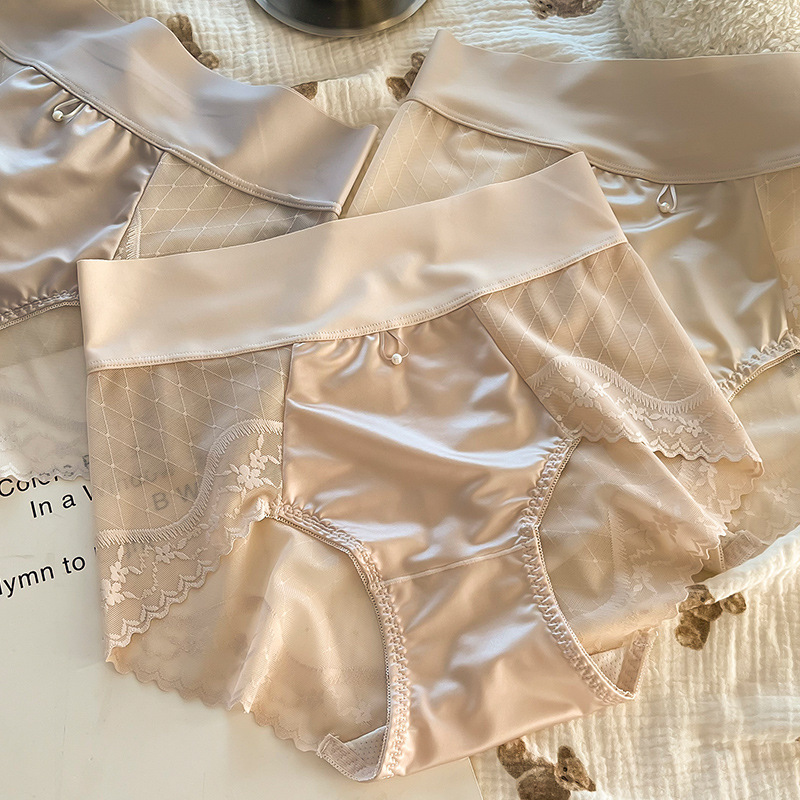 Plus-Size High-End Satin Light Luxury Lace Mid-Waist Tummy Control Women's Underwear Hip-Hugging Breathable Sexy Seamless Triangle Briefs