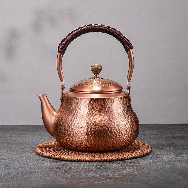 Purple Copper Kettle for Boiling Water and Brewing Tea, Handmade Pure Copper Teapot, Red Copper Household Tea Brewing Kettle with Handle, Tea Set