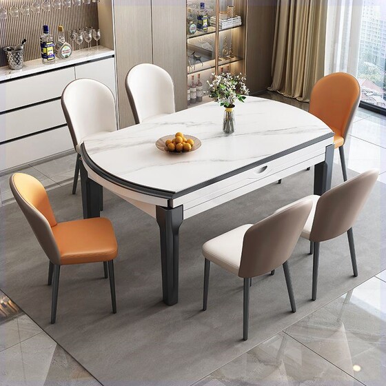 Glossy Stone Dining Table and Chairs, Modern and Simple, Round, Foldable, with Built-In Induction Cooker, Glossy Dining Table for Home Use