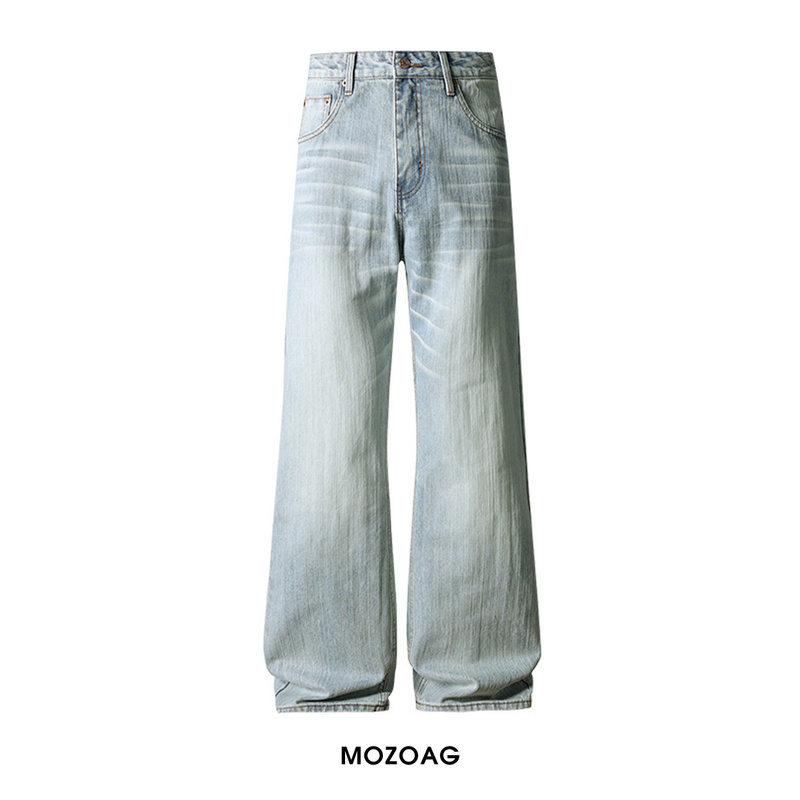 Mozoag'Washed Horsehair' American Retro Light Blue Flared Jeans Unisex Straight Casual Long Pants