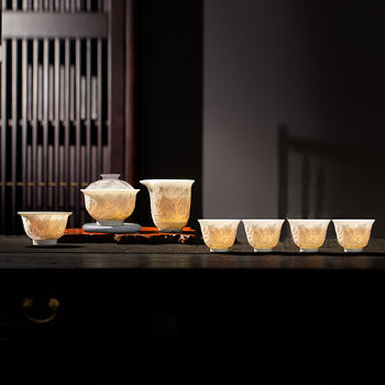 Jingdezhen Ceramic Tea Set Handmade Set High-End Three-Piece Lidded Bowl Tea Cup Kung Fu Gift Box for Home Use and Gift Giving