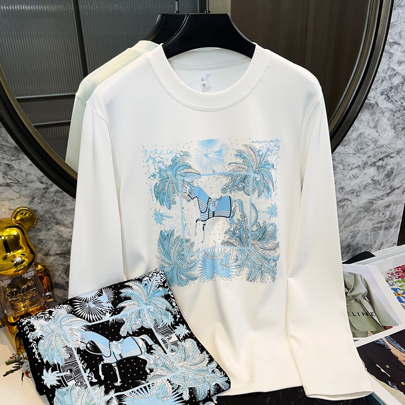 Suitable for Those Who Like Hermès X Zhanma Collaboration Autumn New Silk-Gloss Long-Staple Cotton Long-Sleeve T-Shirt Men's Thin Pullover T-Shirt