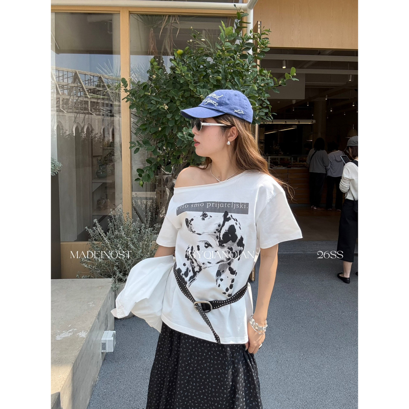 Madein Ost-26 New Summer Retro Patterned Dog Short-Sleeved T-Shirt for Women (with Belt) 91335