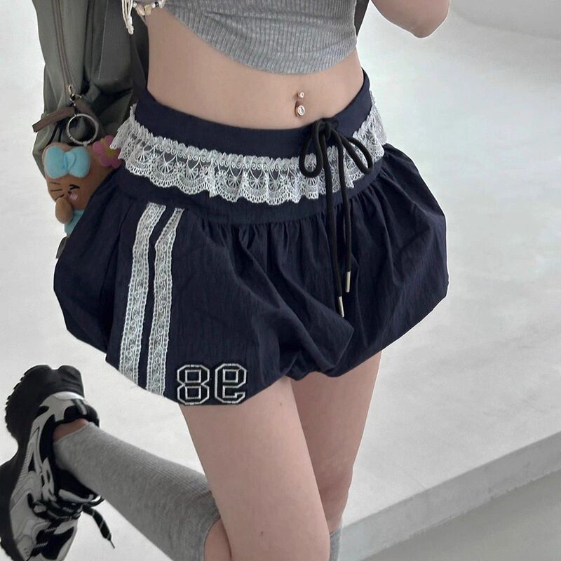 Rockmore【American Sports Style】Dark Blue Lace Spliced Floral Bud Skirt Girl's Lace-Up Casual Shorts