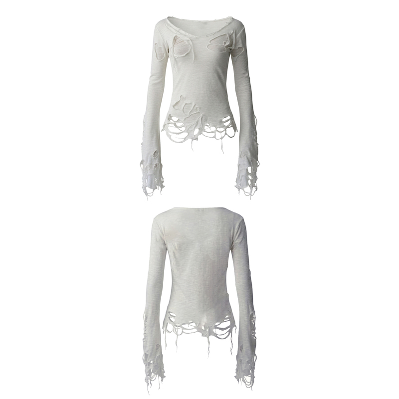 Nova Nexus Opium Style White Distressed Top for Men, Spring/Summer Thin Subculture Niche Long-Sleeve T-Shirt for Women