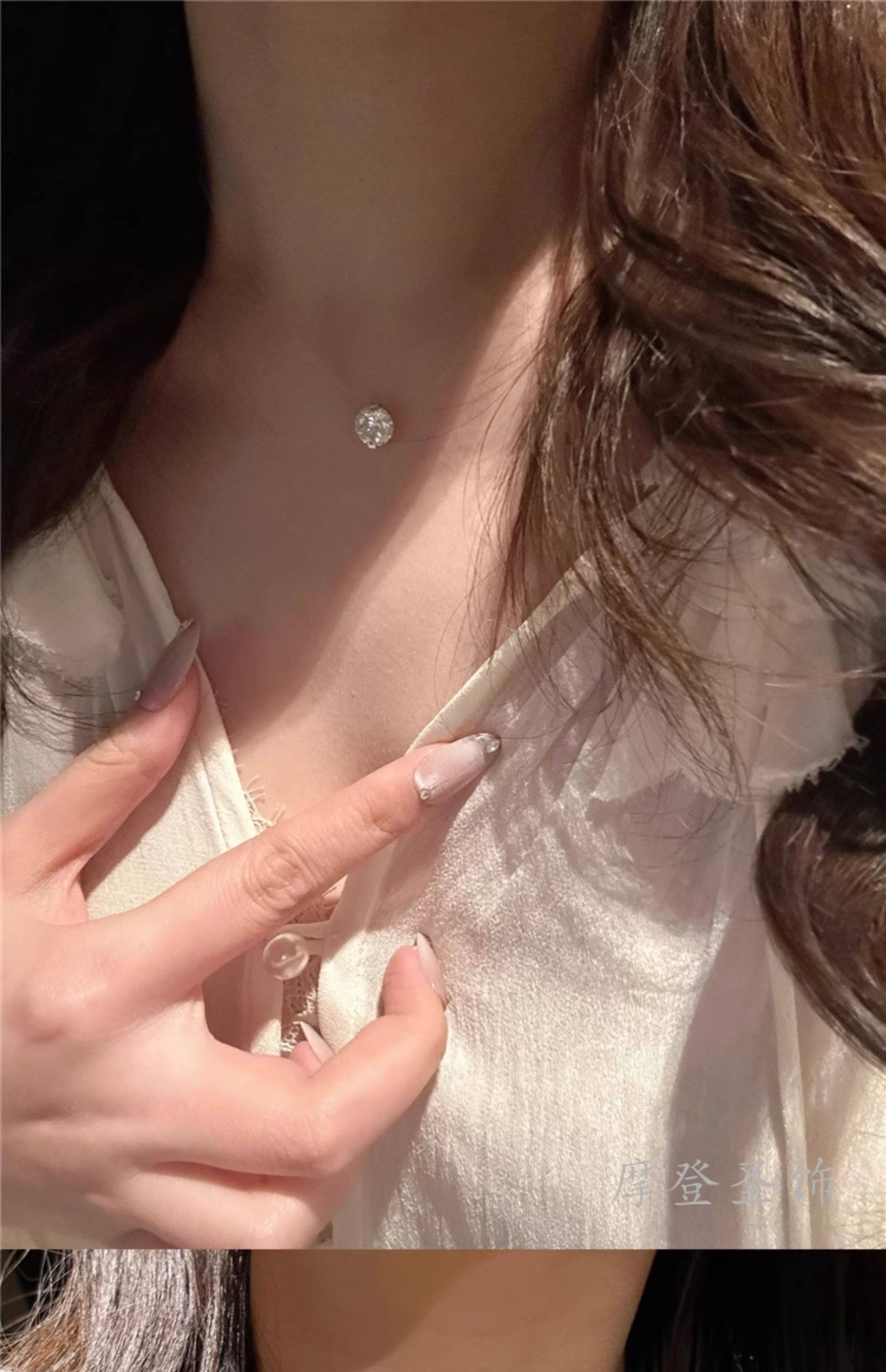 Серебряное ожерелье 摩登圣饰s925纯银莫桑钻鱼线项链女人鱼之泪锁骨链生日礼物送女友