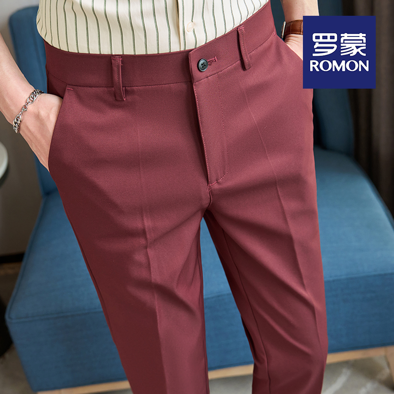 Romon Spring and Summer Burgundy Naples-Style Men's Slim-Fit Tapered Casual Trousers High-End Suit Pants